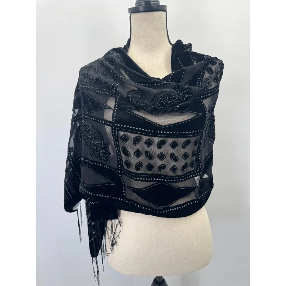Whimsigoth Silk Velvet Burnout Scarf Shawl Wrap Dark Romantic Feminine Fringe